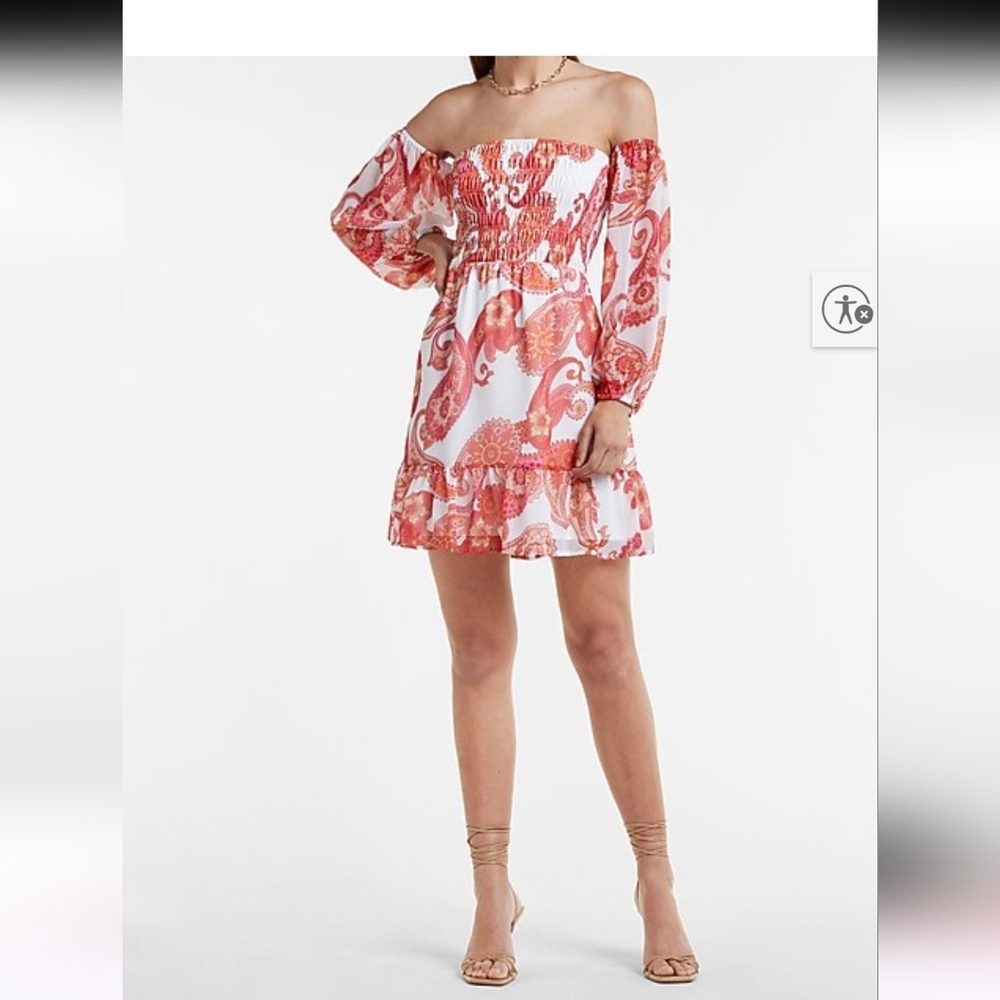 NWT Express Smocked Bodice Off The Shoulder Mini Dress L Long Sleeve #2500